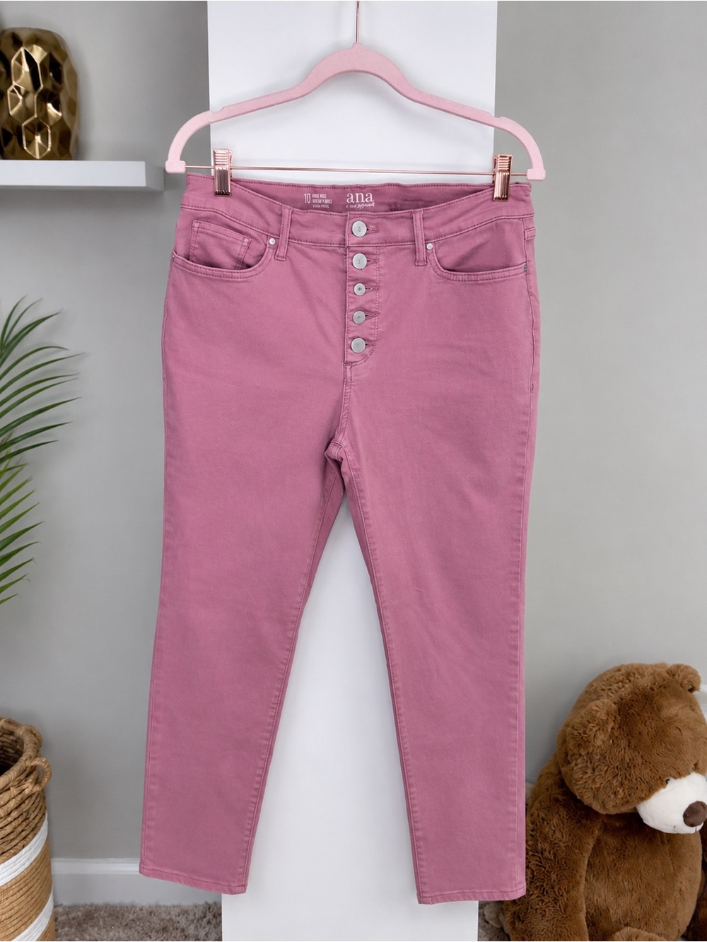 ANA A New Approach High Rise Skinny Ankle Jeans Mauve Pink Button Fly Size 10